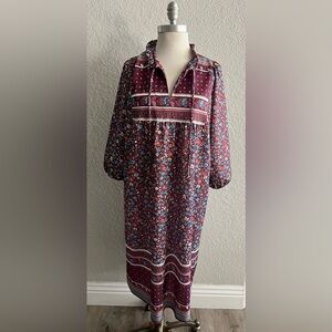 Vintage Lorac Original burgundy floral midi Housecoat Pullover Dress Size XL 20